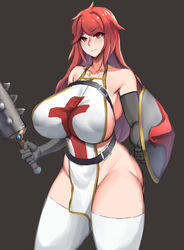 archenemy_and_hero armor ass breasts clothing cross d.ward danta_(mtsk2455) eyebrows eyebrows_visible_through_hair gloves highres huge_breasts knight large_breasts long_hair looking_at_viewer maoyuu_maou_yuusha no_panties onna_kishi_(maoyuu) red_eyes red_hair revealing_clothes shield spiked_club tabard thick_thighs thighhighs thighs ward_bone weapon