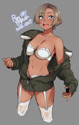 1girls bra breasts cleavage dark-skinned_female dark_skin female female_only fur_trim garter_belt garter_straps looking_at_viewer off_shoulder open_jacket pixie_cut ryo_agawa solo strapless_bra thighhighs