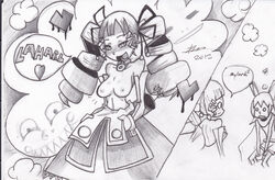 1boy 2012 archer_(disgaea) bigdeadalive blush disgaea drill_hair english_text exhibitionism exposed exposed_breasts eyelashes female laharl long_gloves long_hair monochrome nosebleed open_mouth pencil_(artwork)