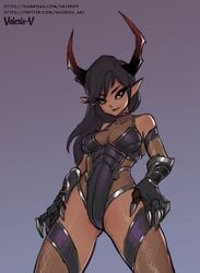 armored_leotard black_hair clawed_gauntlets dark_skin demon_girl female gauntlets horns long_hair pointy_ears purple_armor see-through simple_background smirk source_request succubus tera_online thighhighs twitter_username valerie-v watermark web_address yellow_eyes