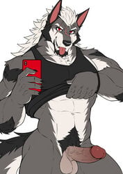 1boy abs bara big_penis boner canine drks drks_(drks) fluffy fluffy_tail furry gray_fur gray_hair humanoid_penis kemono male male_only muscle muscles muscular partially_clothed pecs penis red_eyes scar scars solo solo_male tail tongue_out undershirt underwear undressing yiff