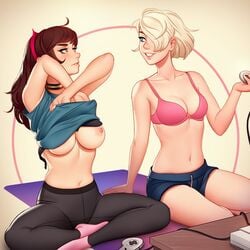 2girls areolae audi_(tsuaii) blonde_hair blue_eyes bra breasts brown_hair female female_only game_console game_controller hair_over_one_eye hairband light-skinned_female light_skin mea_(tsuaii) nipples original original_character removing_bra short_shorts sitting smile tsuaii yoga_pants