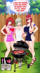 apron barbecue barbecue_grill big_breasts breasts commission copykat copykatcomics crossover deviantart_copykatcomics elizabeth_liones english_text erza_scarlet fairy_tail female high_school_dxd huge_breasts inverted_nipples meat naked_apron nanatsu_no_taizai nipples patreon_becauseiloveyourfeet red_hair rias_gremory seductive seven_deadly_sins speech_bubble steak_and_bj_day text