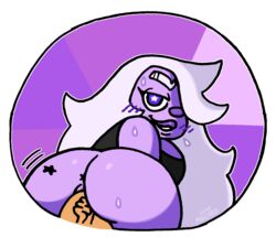 amethyst_(steven_universe) anus ass ass_tattoo big_ass blush chubby from_behind mallard mallardart naughty_face purple_skin reverse_cowgirl_position star_eyes steven_universe sweat tattoo thick_lips white_hair