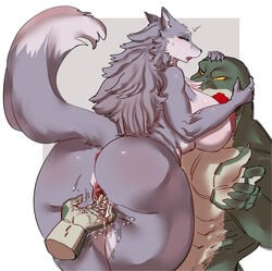 anthro anus ass big_breasts big_butt blush bodily_fluids breasts canid canine canis carsen cervina_(cervina7) duo female finger_fuck fingering genitals hi_res male mammal nipples pussy reptile scalie straight sweat vaginal_penetration wolf