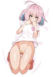 bandaid bandaid_on_pussy blush bottomless eyebrows_visible_through_hair female frown idolmaster idolmaster_cinderella_girls multicolored_hair pink_eyes pussy solo thigh_gap tilt-shift tilt-shift_(azalanz) uncensored white_shirt yumemi_riamu