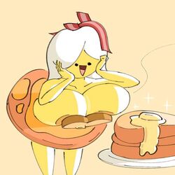 adventure_time bacon breakfast_princess bursting_breasts food food_creature food_themed_hair_ornament huge_breasts nipples pancakes simple_background tagme uwotinfokm8 white_hair yellow_skin