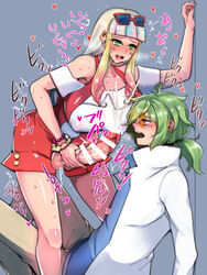 1boy 1futa 2010s alternate_breast_size bangs big_breasts big_penis blonde_hair blue_hair blunt_bangs blush bracelet breasts censored clothed_male clothes clothing cum cumshot dickgirl dickgirl/male duo earrings female futa_focus futa_with_male futanari glasses green_eyes green_hair heart-shaped_earrings huge_breasts huge_penis human intersex large_breasts light-skinned_futanari light_skin lisa_(minna_no_monogatari) male multicolored_hair nintendo nipples nipples_visible_through_clothing open_mouth orgasm painted_nails penis penis_grab penis_out pink_hair pokemon pokemon_sm red_fingernails red_nail_polish red_nails risa_(pokemon) scrunchie source_request sunglasses sunglasses_on_head testicles text torito_(pokemon) veins veiny_penis wrist_scrunchie