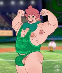 1boy 3d_background ambiguous_gender animasanimus armpit armpit_hair armpits ass bara big_ass big_pecs big_penis big_testicles bowtie bulge dad_bod dadbod eldegoss feral flaccid flexing freckles green_eyes human larger_male looking_at_viewer male male_only milo_(pokemon) moobs muscles muscular muscular_male nintendo nipples orange_hair pokemon pokemon_ss screenshot size_difference solo solo_male source_request testicles text thick_thighs thong watermark