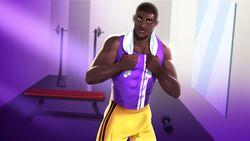 bench_press bulge dark_skin fap_ceo_menstream gabe_(fap_ceo_menstream) gym gym_clothes male_only mirror purple_shirt towel towel_on_neck weights yellow_shorts