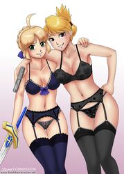 2014 2girls artoria_pendragon black_legwear black_panties blonde_hair blue_legwear bra breasts brown_eyes cleavage duo fate/stay_night fate_(series) female female_only fullmetal_alchemist garter garter_belt garter_straps garters gradient_background green_eyes gun human human_only john_joseco lace legwear lingerie looking_at_viewer navel panties riza_hawkeye saber short_hair smile standing sword thighhighs thighs weapon