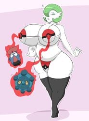 1girls absorption absorption_vore ambiguous_gender anthro belly big_breasts black_thighhighs bra breast_expansion breast_vore bronzor chubby closed_eyes drpolice furry gardevoir hair_over_one_eye larger_female overweight overweight_female poke_ball poke_ball_bikini pokemon pokemon_(species) pokemon_dppt pokemon_rse probopass red_eyes simple_background size_difference smile source_request thick_thighs thighhighs vore white_skin wide_hips