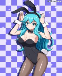 1girls blue_eyes blue_hair boobs bowtie breasts bunny_costume bunny_ear bunny_ears bunny_tail bunnysuit checkered_background female fully_clothed looking_at_viewer oc patdarux solo turquoise_hair