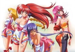 4girls 90s akira_(viper) anna_miller areola_slip areolae armpits ass back bare_arms bare_shoulders belt bent_over big_ass blonde_hair blue_eyes blue_hair blush bow braid breasts butt_crack choker cleavage clothing collar corset detached_collar eyebrows_visible_through_hair eyes_visible_through_hair female female_only frills glasses green_eyes hair_between_eyes hair_ribbon highres interlocked_fingers jacket jacket_removed karin_(viper) kimura_takahiro large_breasts latex legwear long_hair long_ponytail long_twintails looking_at_viewer looking_down looking_up low_ponytail matching_hair/eyes midriff multiple_girls nipple_bulge open_clothes open_jacket pants panty_pull pink_clothing pink_hair ponytail raika_grace red_eyes red_hair ribbon ribbon_choker saki_(viper) scan sideboob skirt skirt_up smile standing strap_slip thick_thighs thigh_ribbon thigh_strap thighs tied_hair tubetop uniform untied very_long_hair viper_(series) viper_f40 viper_v16 waitress white_clothing wind wind_lift wristband