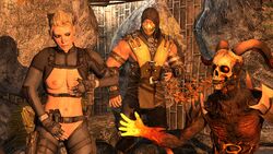 2boys 3d cassie_cage demon elasticfan003 exposed_breasts female mortal_kombat mortal_kombat_x runny_makeup scorpion_(mortal_kombat) small_breasts