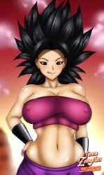 1girls bare_shoulders black_hair blush caulifla dragon_ball dragon_ball_super erect_nipples large_breasts licking_lips navel saiyan solo spiky_hair tensa-zangitsu tubetop