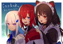 3girls ange_katrina blue_eyes blush brown_hair cat_ears catgirl collar english_text heterochromia inui_toko lize_helesta long_hair looking_at_viewer maid maid_uniform nijisanji nuezou purple_eyes red_hair short_hair smile virtual_youtuber white_hair