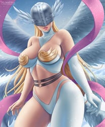 1girls 8_wings angel angewomon big_breasts breasts cleavage digimon female female_only flowerxl helmet humanoid mask midriff panties shoulders solo winged_humanoid wings