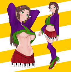 1girls arms_up blush breasts brown_hair clothed clothing cropped_jacket female female_only green_eyes jacket jojo's_bizarre_adventure navel open_clothes open_jacket shoes shuckmeister skirt smile solo stomach tagme thighhighs underboob