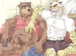 2006 2boys anthro belly blush bulge clothing duo erection erection_under_clothes erection_under_clothing felid gay humanoid_hands kemono male male/male male_only mammal muscular navel pantherine ryuta-h shirt sitting slightly_chubby tiger topwear underwear ursid yaoi