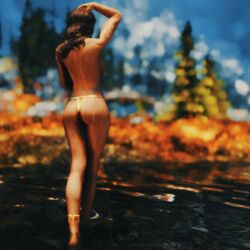 anklet athletic barefoot bethesda_softworks brown_hair curvy facing_away game_screenshot hand_on_head imperial jewelry lake lingerie outdoors posing sideboob skyrim solo solo_female tan the_elder_scrolls