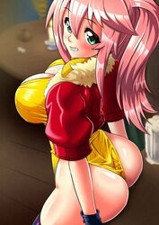 cleavage dat_ass female huge_ass huge_breasts indoor laki_(oppai_forge) long_hair looking_at_viewer oppai_forge pink_hair red_shirt sitting skimpy_clothes smiling tavern thong thong_leotard