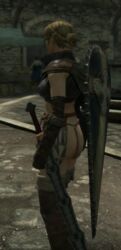 arisen_(dragon's_dogma) ass bikini_armor blonde_hair boots dat_ass dragon's_dogma elf elf_ears female huge_ass large_breasts mystic_knight outdoor pointy_ears screencap shield short_hair sideboob sword thong