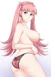 1girls areolae aslindsamure ass breasts female fire_emblem fire_emblem:_three_houses hilda_valentine_goneril large_breasts looking_back nipples no_bra nude panties pink_eyes pink_hair pink_panties pose sideboob smile solo thong_panties topless white_hair