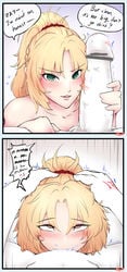 1boy 1girls big_penis blonde_hair blush censored comic cum cum_in_mouth cum_inside deepthroat dialogue djayo eyes_rolling_back fate/apocrypha fate/grand_order fate_(series) female green_eyes heart-shaped_pupils kiss_mark lipstick_marks lipstick_on_penis mordred_(fate) naughty_face partially_colored penis_awe ponytail pov