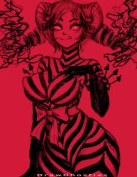 1girls big_breasts catherine catherine_(game) curly_hair drawghosties drawn female female_only horns humanoid monochrome nipple_bulge red_theme seductive solo succubus tongue tongue_out unusual_pupils wide_hips