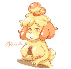 1boy 1girls 2020 akirascrolls animal_crossing animal_ears animal_tail anthro breasts canine canine_humanoid dog_ears dog_humanoid dog_tail furry handjob huge_breasts isabelle_(animal_crossing) male_pov nintendo nipples nude paizuri pov saliva_trail tail yellow_fur