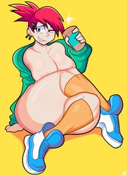 1girls alternate_breast_size areolae ass ass_crack big_ass bottomless breasts butt_crack cartoon_network clothing female female_only foster's_home_for_imaginary_friends frankie_foster huge_ass nipples no_bra no_panties partially_clothed red_eyes red_hair shoes sitting smile socks solo solo_female source_request teeth theironmountain thick_thighs wide_hips yellow_background