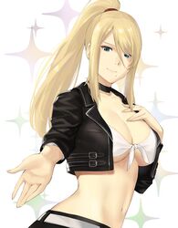 1girls bangs big_breasts blonde_hair blue_eyes breasts clothed_female female female_only inviting j@ck long_hair metroid mole_under_mouth navel nintendo ponytail samus_aran solo solo_focus
