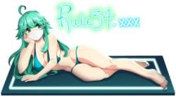 1girls barefoot bikini blue_bikini cleavage covid-19_pandemic edit face_mask feet female female_focus female_only green_eyes green_hair littlemedecine long_hair looking_at_viewer lucidsky lying lying_on_side mouth_mask navel on_side rule_34-tan rule_34_(booru) site-tan solo tagme