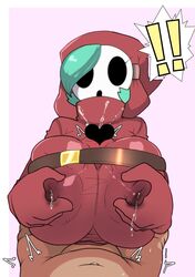 !! 1boy 1girls bad_censor belt breasts censored cleavage clothed clothed_female_nude_male clothed_paizuri clothing covered_tip covering expressionless female green_hair heart_censor huge_breasts lactation lactation_through_clothes male mario_(series) mask nintendo nipple_bulge nipple_tweak nipples nude paizuri paizuri_under_clothes pinching_nipples shy_gal simple_background teal_hair uenositasayuu wet