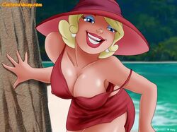 bedroom_eyes big_breasts blonde blonde_hair blue_eyes cartoonvalley.com charlotte_la_bouff cleavage clothing curvaceous curvy curvy_figure disney dress earrings erect_nipples eyeshadow female hat helg lipstick miniskirt nipple_bulge pearl_earrings shiny_skin smiling smiling_at_viewer solo solo_female strap_slip the_princess_and_the_frog voluptuous