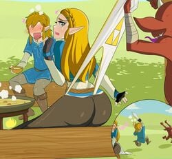 1girls 2boys ass big_ass black_legwear blonde_hair blush blushing_profusely bokoblin bracelet braid braided_hair breath_of_the_wild chasing clothed clothing crying earring embarrassed eyebrows eyelashes female fingerless_gloves gloves grass green_eyes hairclip hips humanoid humiliation humor hylian legwear link link_(breath_of_the_wild) log long_ears long_hair long_sleeves looking_back lyotanc male open_mouth outdoors pale-skinned_female pale_skin panties panty_pull pointy_ears princess_zelda print_panties shirt shocked sitting surprised surprised_expression sword tears the_legend_of_zelda thin_waist tight_pants triforce_panties tunic wedgie white_panties yoga_pants zelda_(breath_of_the_wild)