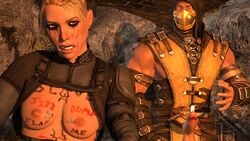 1boy 3d body_writing cassie_cage crying crying_with_eyes_open elasticfan003 exposed_breasts male mortal_kombat mortal_kombat_x runny_makeup scorpion_(mortal_kombat) small_breasts submissive_female unseen_male_face