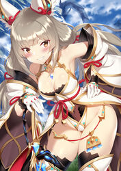 1girls absurdres animal_ears armpits bangs bare_shoulders bell blue_sky blush breasts brown_eyes brown_hair cleavage cleavage_cutout cloud cloudy_sky covered_navel cowboy_shot day detached_sleeves eyebrows_visible_through_hair facial_mark female gloves grin hair_ribbon hand_on_hip highres jingle_bell leaning_forward leotard long_hair looking_at_viewer low_twintails m-da_s-tarou medium_breasts navel nia nia_(blade) nia_(xenoblade) nintendo older outdoors ribbon see-through sidelocks sky smile solo solo_female spoilers standing thighhighs thighs twintails white_gloves white_legwear wide_sleeves xenoblade_(series) xenoblade_chronicles_2