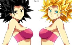 2girls black_eyes black_hair caulifla curvy dragon_ball dragon_ball_super gold_hair green_eyes large_breasts looking_at_viewer saiyan side_by_side side_view spiky_hair super_saiyan transparent_background tube_top tubetop