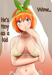... 1boy 1girls artist_request bangs bikini blue_eyes blush bow breasts breasts_apart collarbone duo english_text faceless_male female go-toubun_no_hanayome hairband human large_breasts male nakano_yotsuba navel nipple_bulge orange_hair penis short_hair side-tie_bikini small_penis_humiliation solo_focus straight text