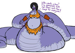 belly blakeroats breasts chubby chubby_female clothed fat hair happy hug juniper_(blakeroats) lamia monster monster_girl naga open_mouth overweight overweight_female purple_skin scales scalie scalie_only sharp_teeth skimpy skimpy_clothes smile snake stomach tail teeth