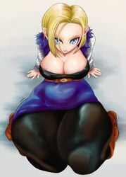 android android_18 big_breasts blonde_hair blue_eyes bob_cut boots breasts cleavage dragon_ball dragon_ball_z female female_focus female_only lyn_nyl mature_female noblood short_hair solo solo_female solo_focus source_request thick_thighs thighs year_request