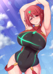 1girls big_breasts clothed_female female female_only nipples nipples_visible_through_clothing ponpo ponponmaru pyra red_eyes red_hair short_hair smile solo solo_female solo_focus swimsuit xenoblade_(series) xenoblade_chronicles_2