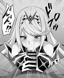 1boy 1girls armor bare_shoulders blowjob blush censored clothed clothing crying crying_with_eyes_open cum cum_in_mouth cum_inside cum_overflow embarrassed eruu eruu_(eruuman) fellatio female_human gloves handjob hikari_(xenoblade_2) human human_male long_hair male_pov monochrome mythra nintendo pov questionable_consent sex tears text tiara very_long_hair xenoblade_(series) xenoblade_chronicles_2