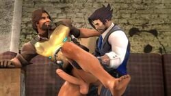 2boys 3d alternate_costume anal_penetration anal_sex animated arm_rest aureesfm bara barefoot beard black_hair bottomless brown_hair cole_cassidy cum_while_penetrated cumdrip cumstring from_behind gay hanzo_shimada holding_legs interracial kneeling large_penis leg_lift looking_at_partner looking_pleasured male male_only multiple_males multiple_penises no_sound overwatch pants_down partially_clothed penis_through_fly spread_legs tagme tattoo testicles thrusting_into_ass video wincing yaoi