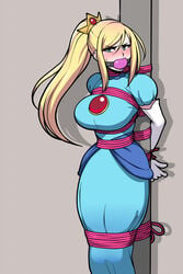 1girls alternate_costume arms_behind_back ball_gag big_breasts bimbo blue_dress blush bondage bound breasts crossover dress female female_only female_protagonist femsub gag gagged grey_background jam-orbital legs_tied legs_together long_hair long_ponytail mario_(series) metroid nintendo ponytail princess_peach_(cosplay) princess_samus restrained samus_aran simple_background solo standing thick_thighs thin_waist tied_hair tied_to_pole tied_up tight_clothing wide_hips