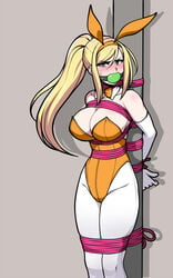 arms_behind_back ball_gag big_breasts bimbo blonde_hair bondage bound bunny_ears bunnysuit female female_protagonist femsub gag gagged jam-orbital legs_tied legs_together leotard long_gloves metroid nintendo pantyhose ponytail samus_aran skin_tight thick_thighs thighs thin_waist tied_to_pole tied_up wide_hips