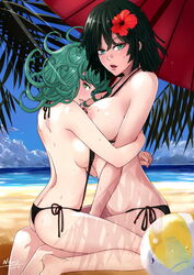 2girls areola_piercing areolae ass ass_cleavage ball bangs barefoot beach beach_ball beach_umbrella between_breasts blush breasts butt_crack clothes_between_breasts clouds duo embrace eyelashes feet female female_only flipped_hair flower fubuki_(one-punch_man) green_eyes green_hair hair_flower hair_ornament highres huge_breasts human illusionk kneeling larger_male light-skinned_female light_skin looking_at_viewer medium_breasts multiple_girls nipple_piercing nipples one-punch_man outdoors palm_tree parted_lips piercing seductive semi_incest shadow shiny_skin siblings side-tie_bikini sideboob sisters sitting sitting_on_lap sitting_on_person size_difference sky sling_bikini smaller_female soles sunlight sweat tatsumaki umbrella