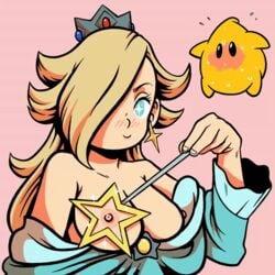 animated blonde_hair blue_eyes blush bonerbob breasts breasts_out crown earrings gif hair_over_one_eye long_hair luma mario_(series) nintendo princess_rosalina sparkle starry_eyes super_mario_galaxy wand